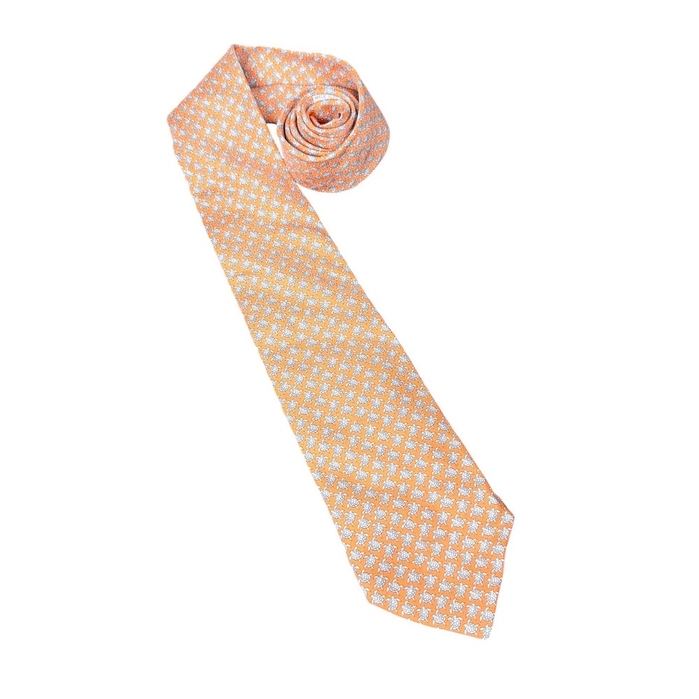Hermes Silk Tie Mens Orange Sea Turtle Animal Print 5445 FA France